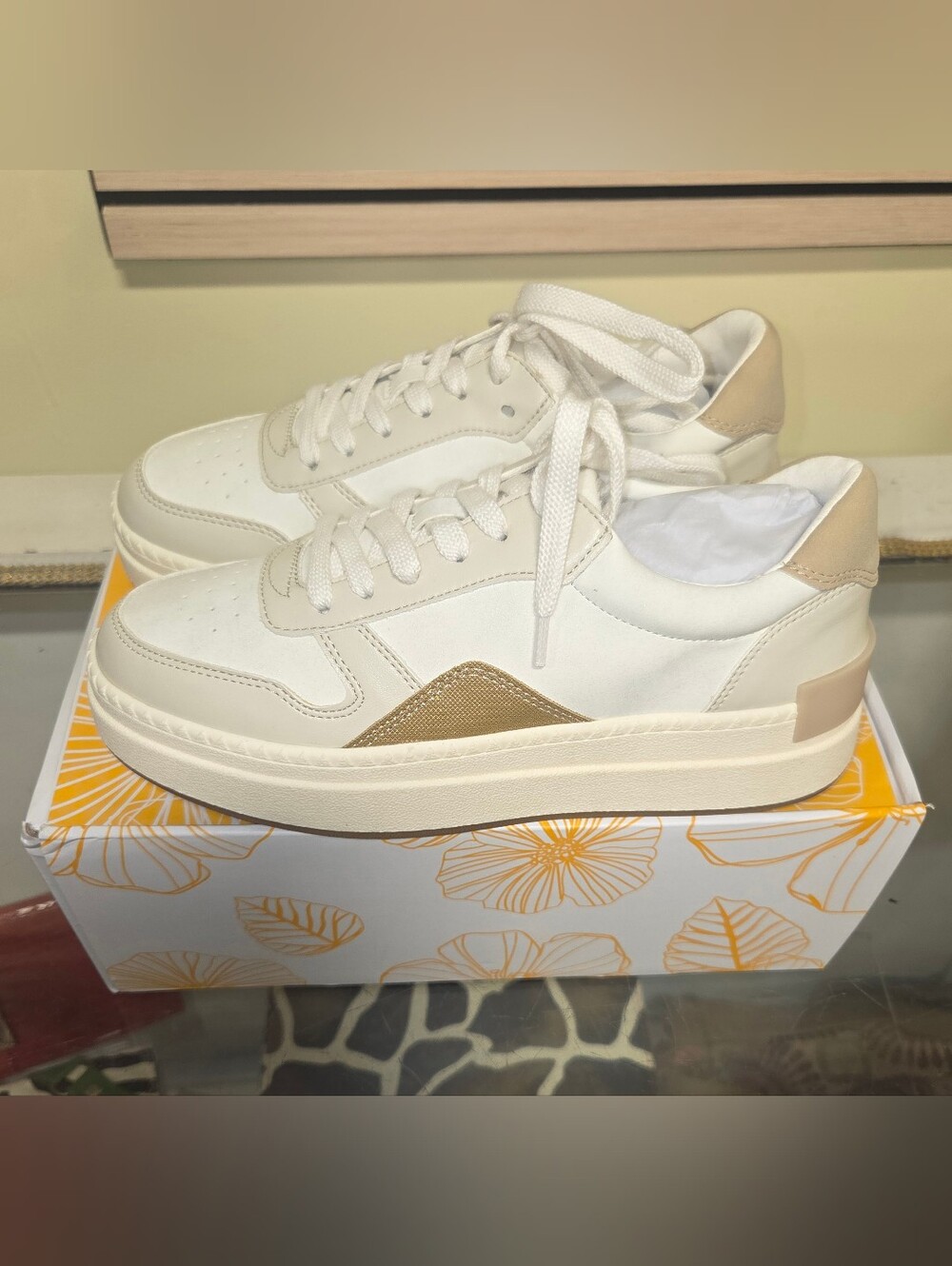 Yellow Box Cream and White Low-Top Sneakers